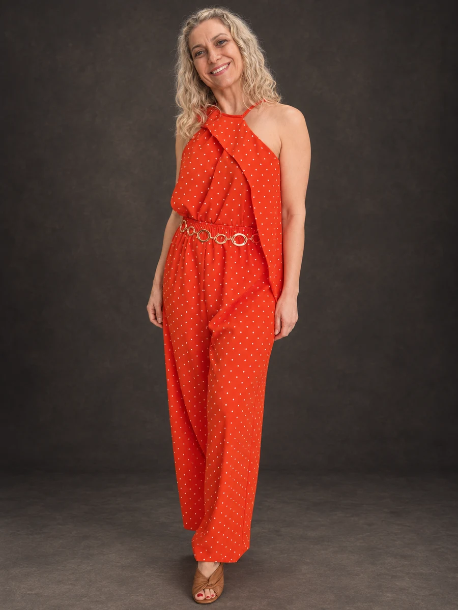 Look vermelho com poás brancos e calça ampla